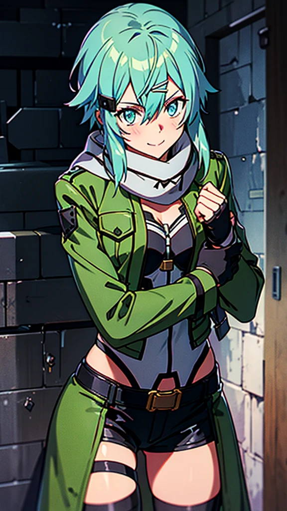 at a dungeon, dark dungeon, prison cell, sinon1, scarf, fingerless gloves, long sleeves, short shorts, hair ornament, hairclip, green thighhighs, green jacket, thigh strap, teasing face, undressing, hot, sweat, looking at viewer, light smile
