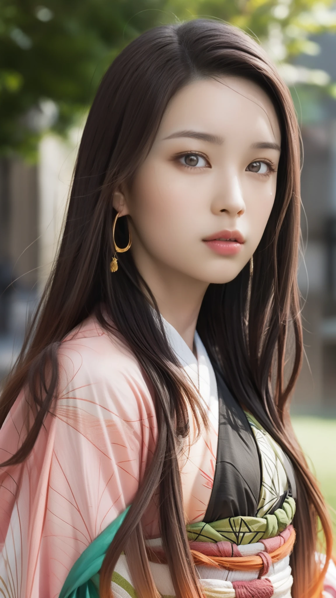Cute Japanese woman, (16 years old), (Very cute face: 1.3), White moist skin, Looking at the camera, Melancholy expression,
BREAK,
Idol,
BREAK,
(Wearing cute kimono: 1.3), (Highly revealing kimono), Very large earrings, Short length,
BREAK,
(Fighting pose: 1.3),
BREAK,
(Long hair), (Pink hair: 1.2), (Wavy hair), (Gradient hair: 1.3), (Red hair at the ends),
BREAK,
(Realistic: 1.3), Masterpiece, Perfect lighting, (Ultra-high resolution), (8K), (Very detailed: 1.4), (From the front), (Full body: 1.3), (Symmetrical: 1.2),
BREAK,
(Japanese city streets: 1.2),
BREAK,
(Demon Slayer: 1.4),
BREAK,
(Hirose Suzu: 1.2),