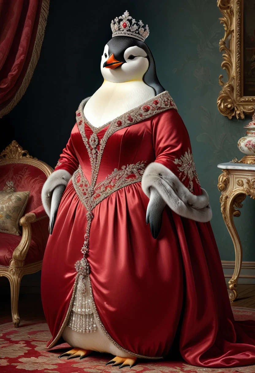 photorealistic portrait of Dressed animals - a ((fat)) (penguin) princess, (full body image:1.5),(elegant pose:1.5) Wearing luxury sack-back gown,(wearing luxury tiara),(hands on hips:1.5), Old-fashioned luxury loyal red dress, detailed and opulent description of a loyal aristocratic sack-back gown in Rococo , emphasizing luxurious fabrics, intricate embroidery, and ornate accessories, Rococo style king palace background,(looking at viewer:1.5),score_9, score_8_up, score_7_up, score_6_up, score_5_up, score_4_up,