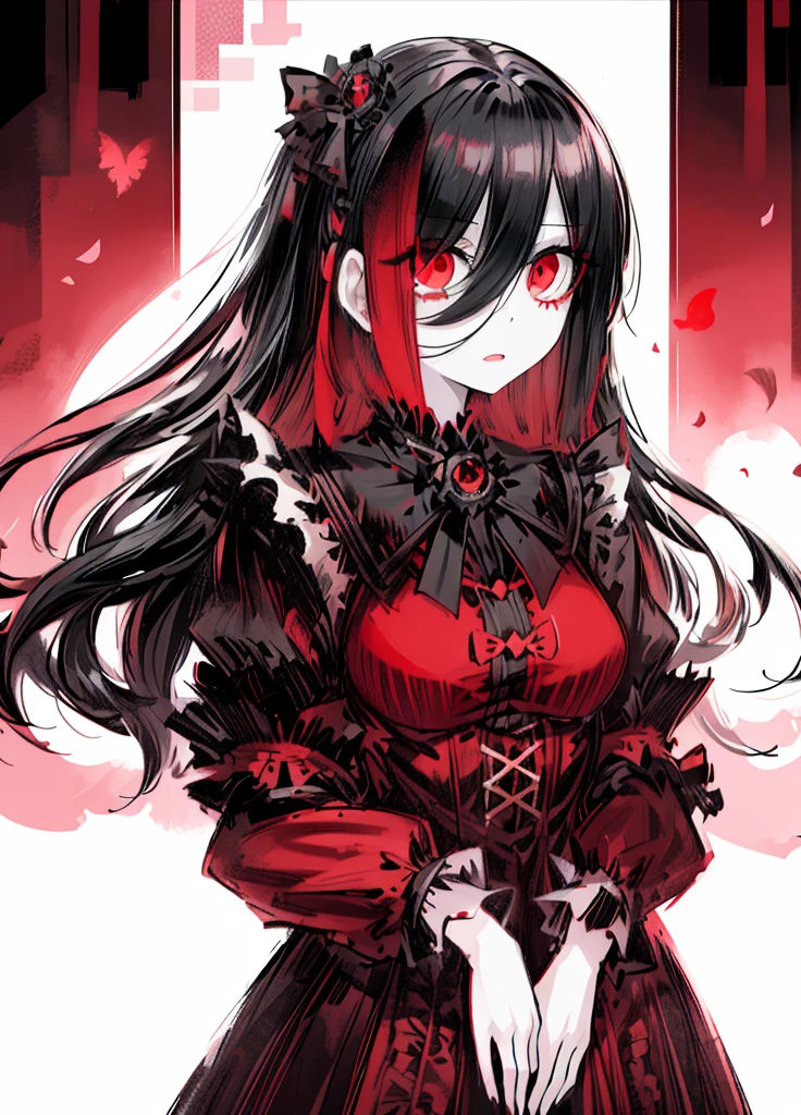 1girl, pale skin, black hair, red eye, (high resolution, high detail, best quality)