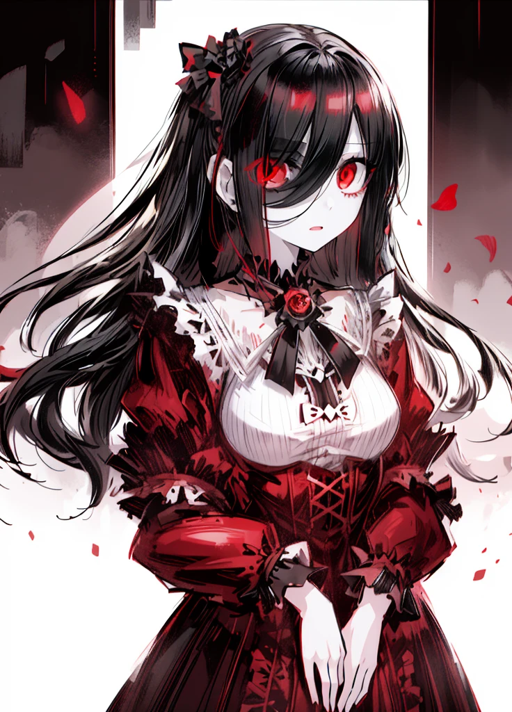 1girl, pale skin, black hair, red eye, (high resolution, high detail, best quality)