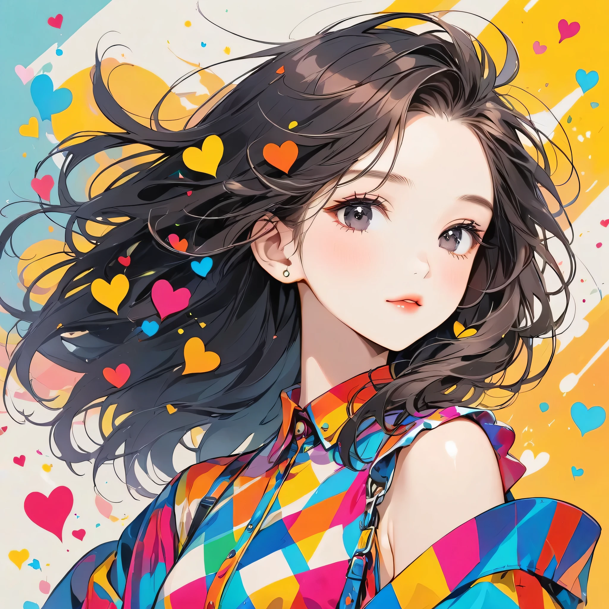 Mika Pikazo colorful style, Simple Line Initialism,Abstract art,Urban Background, (((The most beautiful girl of all time))), black eyes, Sweet face. Lips in love, colorful hearts, stylish design, black eyes