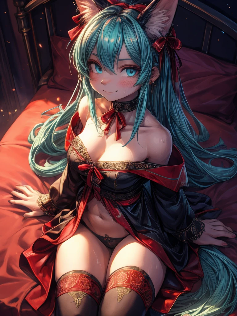 Miku Hatsune, add high definition_detail:1, tribal tattoo add_detail:1,put on the leg, Walking position during full moon showing her beautiful figure and outfit.. (black off shoulder blouse, mini ahort ) sweaty body add_details:1, smiling add_detailsl:1, ear piercing add_detail:1, cover position in bed add_detail, horny girl add_detail:1, seductive position add_detail:1, RED Saturation, photo style lighting add_detail:1, sensual bondage add_detail, very fine and detailed hands add_detail, cara angelical, (victorian dress), bi color hair, aqua red, BREAK: transformation with the moon add_detail, top view from above, fullbody partial nude