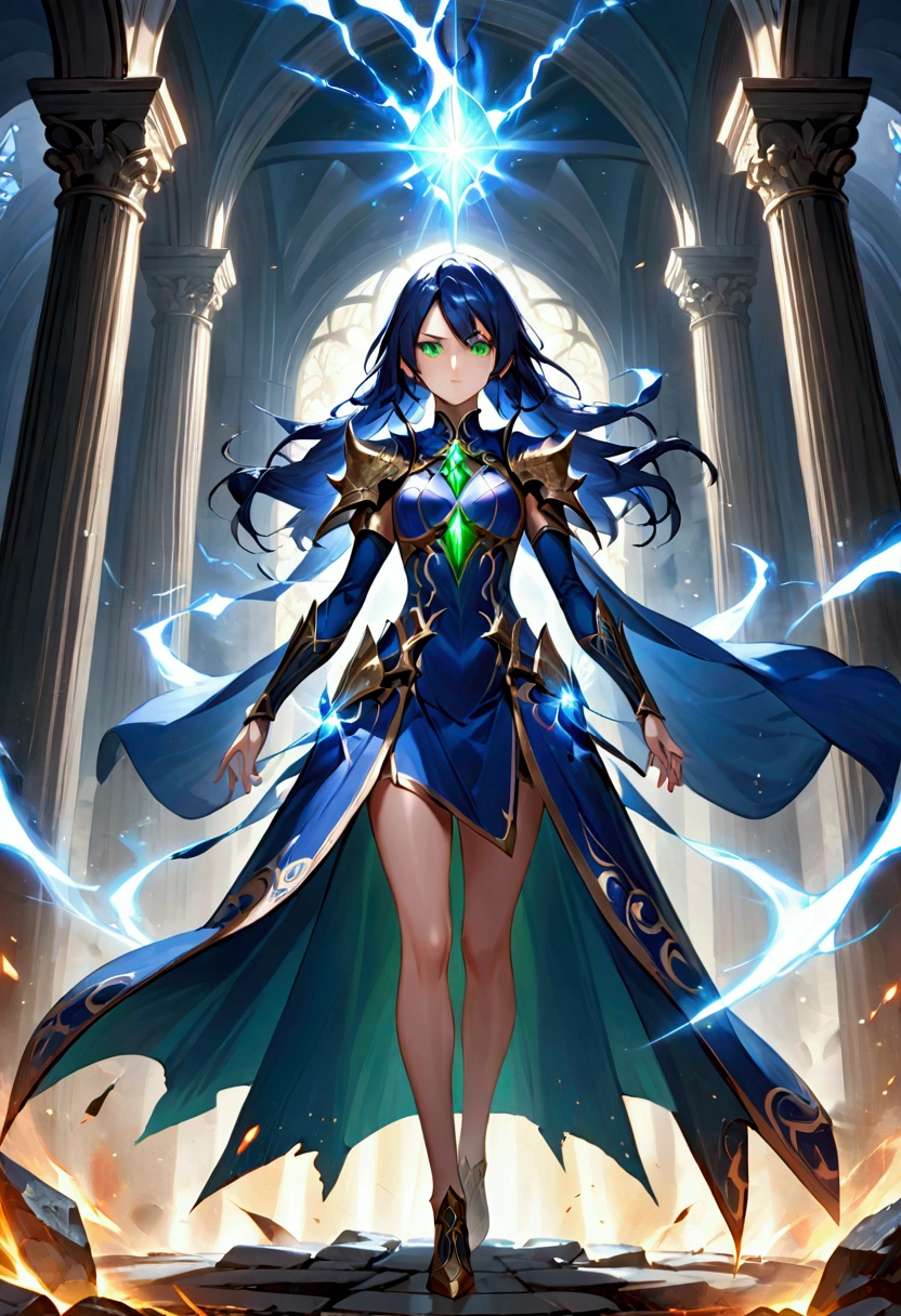 Girl with dark blue hair, green eyes,tall rectangular body figure, mature,battle mage