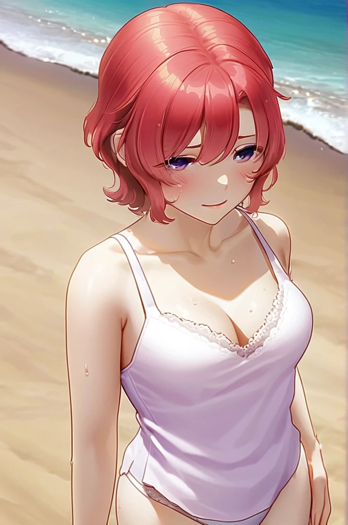 ((Лучшее качество)), ((шедевр)), (подробный), anime, , girl, small, short, red hair, in panties, in a bra, on the beach, with a lustful face, covered in sweat.