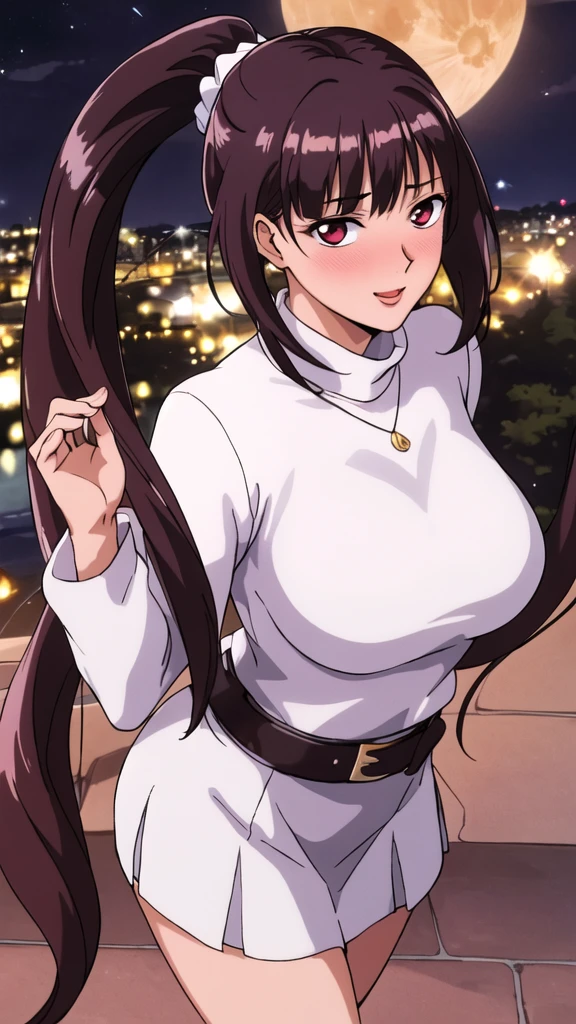 white cape turtleneck, black pencil shirt,black short skirt, belt,hair ornament, hair scrunchie, low ponytail, downer ponytail, middle ponytail, long hair, bangs, brunette, black hair, blunt bangs, big red eyes, alone, 1 girl, Young female, 18 years old, sexy gal, very cute, smile, Beautiful Finger,Beautiful long legs,Beautiful body,Beautiful Nose,Beautiful character design, perfect eyes, perfect face,expressive eyes, looking at viewer, in the center of the image,(light smile:0.5), official art, outdoor, portrait, perfect lighting,Colorful, Bright_Front_face_Lighting,shiny skin, (masterpiece:1.0),(best quality:1.0), ultra high res,4K,ultra-detailed, photography, 8K, HDR, highres, absurdres:1.2, Kodak portra 400, film grain, blurry background, bokeh:1.2, lens flare, (vibrant_color:1.2), (beautiful face), (slender body, curvy body, pinched‐in waist), (ashamed, blushing), glossy lip rouge, glossy crimson rouge, (jealousy), SFW, seductive, charming,(attractive,enchanting,fascinating,captivating,bewitching,enthralling,entrancing,attractive,gripping,engrossing),airport,night,fullmoon,bluemoon,(flush, blush, flushing, suffusion),(perplexity; aporioneurosis; quandary; bewilderment; embarrassment),dallying,elegance,smart,beautiful long hair, brown blazer, silver metal moon necklace,