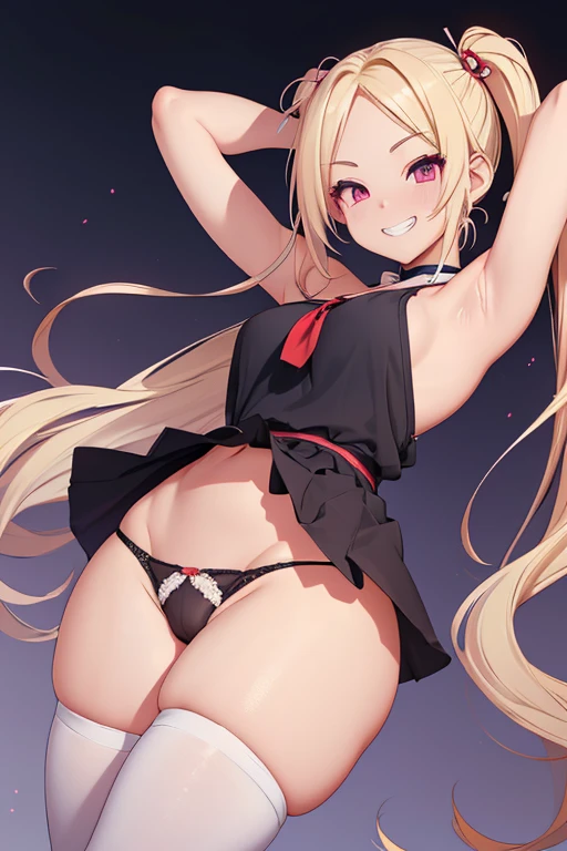 Realistic、masterpiece, 1house wife、blonde hair、twin tail, red eyes, (eye focus:1.3,face focus),(Gradient eyes:1.3),(sexy panties)、open mouth,(grin:1.3),forehead,cute face、((Thick thighs、Beautiful thighs)), A condescending gaze on the viewer,((Raise your arms, Expose your armpits)), Wrestler