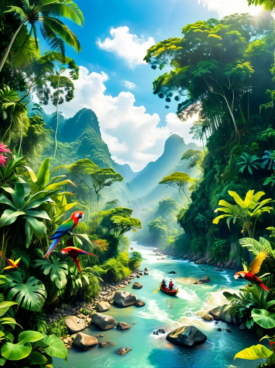 Imagine a colorful jungle adventure scene。(A man and a woman，Both are explorers.，Searching for treasure in the jungle:1.9)，They are surrounded by lush green foliage and colorful exotic flowers.。A brightly colored parrot perched nearby，Bright blue sky in the background can be seen through the jungle canopy，A fast-flowing river runs through the land，The river water sparkles in the tropical sun，This picture should sum up the excitement and beauty of exploring the tropical jungle.