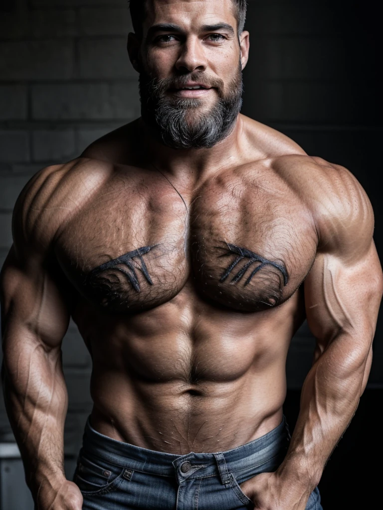 Photo of a Handsome  Man,  Hunk, Muscular and Well-built, Distressed Clothes Revealing a Hairy Chest, piernas fuertes y musculosas, gran bulto,  Beard, Ultra-Realistic depiction of Sculpted Muscles, Detailed Veins and Definition, Closeup Shot Capturing the Texture of Skin and Beard, Natural Lighting Highlighting the Chiseled Features, Deep Contrasts and Shadows.