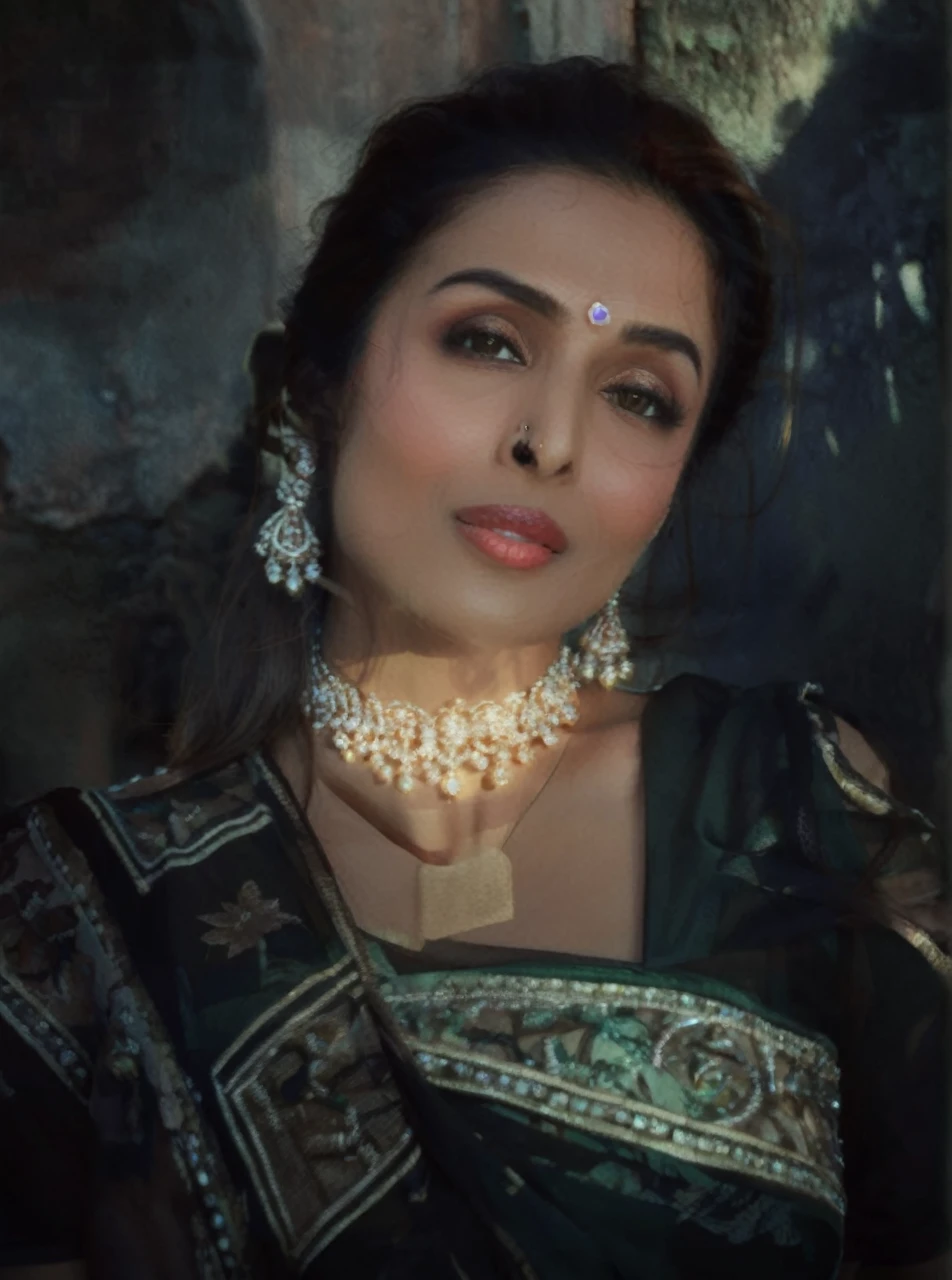 MalaikaArora,portrait, city,close up of a Elderly buxom (Girl:1.2) , Tiara, near Gwalior Fort, deep focus, L USM, CineColor, 8K, Concept Art World