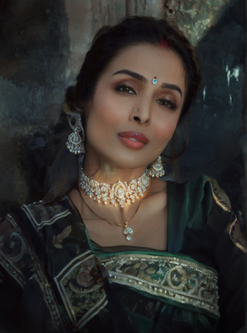 MalaikaArora,portrait, city,close up of a Elderly buxom (Girl:1.2) , Tiara, near Gwalior Fort, deep focus, L USM, CineColor, 8K, Concept Art World