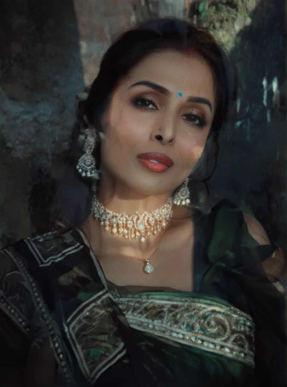 MalaikaArora,portrait, city,close up of a Elderly buxom (Girl:1.2) , Tiara, near Gwalior Fort, deep focus, L USM, CineColor, 8K, Concept Art World