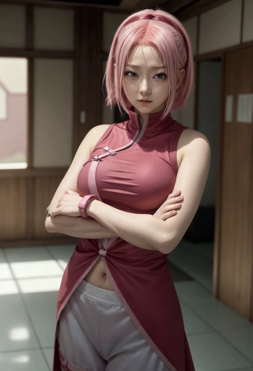 anime girl with pink hair and a red top posing for a picture, sakura haruno, haruno sakura, sakura haruno in slug sage mode, female protagonist 👀 :8, hints of yayoi kasuma, yayoi kasuma, female anime character, anime character, sakimi chan, made with anime painter studio, megumu okada