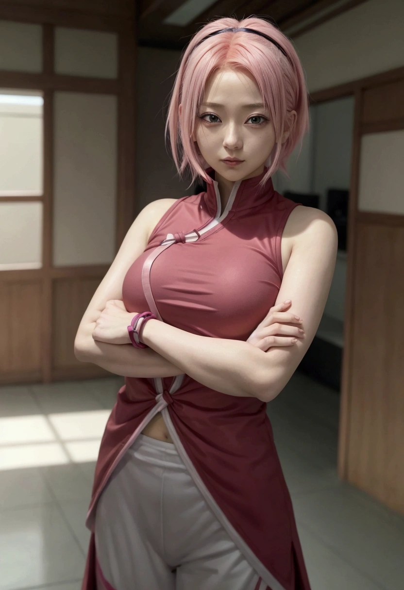 anime girl with pink hair and a red top posing for a picture, sakura haruno, haruno sakura, sakura haruno in slug sage mode, female protagonist 👀 :8, hints of yayoi kasuma, yayoi kasuma, female anime character, anime character, sakimi chan, made with anime painter studio, megumu okada