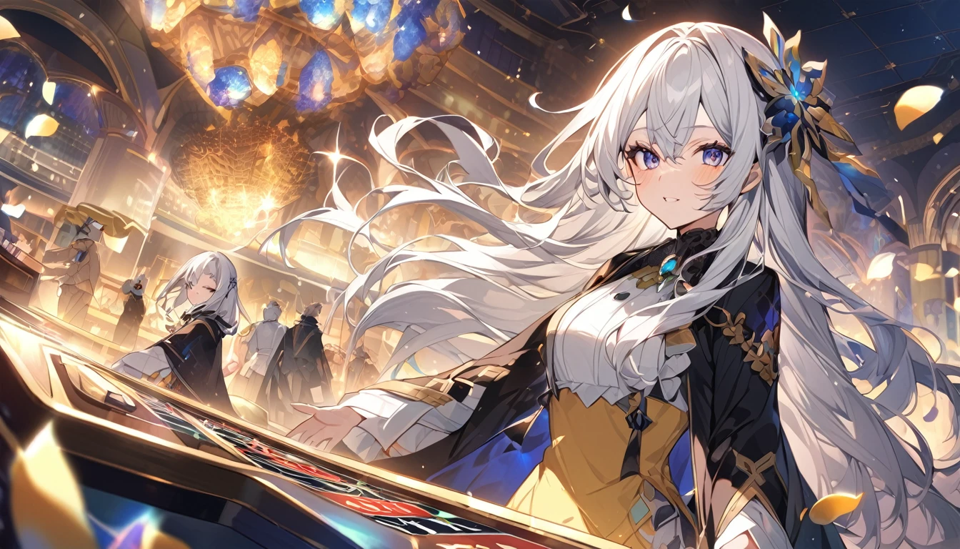mysterious。White Hair Girl。Detailed Background。At a casino run by beings from another dimension、White Hair Girlが魔法を使った賭けに挑むシーン。奇妙な光を放つテーブルと彼女のmysteriousな表情が魅力。