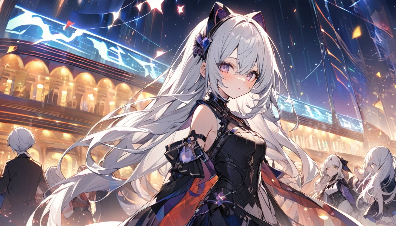 mysterious。White Hair Girl。Detailed Background。At a casino run by beings from another dimension、White Hair Girlが魔法を使った賭けに挑むシーン。奇妙な光を放つテーブルと彼女のmysteriousな表情が魅力。