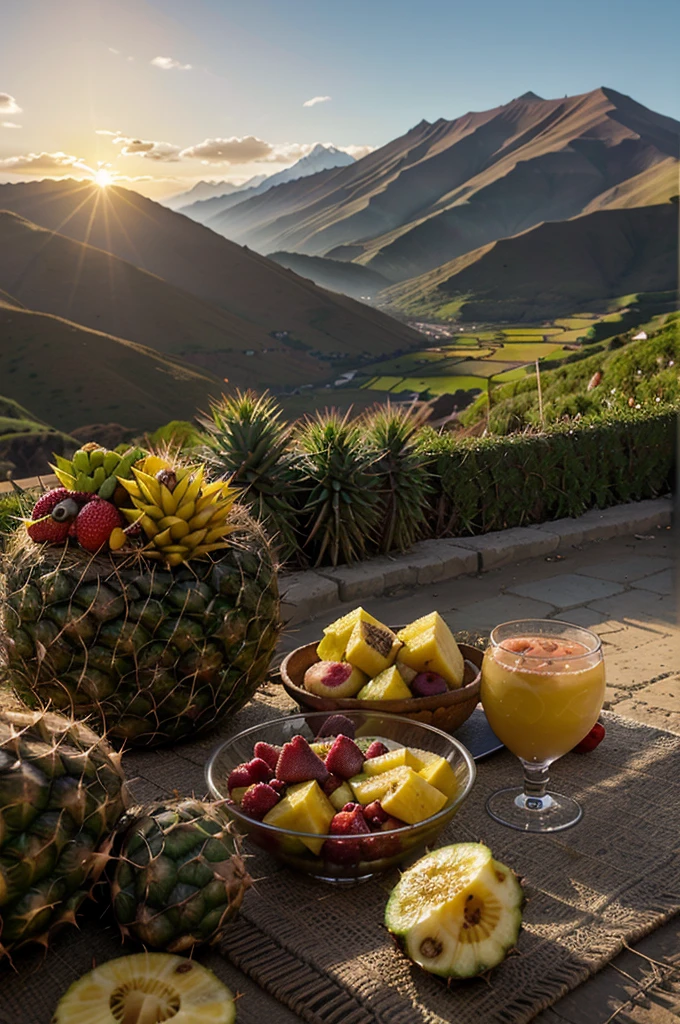Super Realistic Photography: Andes Mountains at Sunset: A realistic photograph of the Andean mountains during sunset, with golden and warm colors. Traditional Andean Market: A photograph of a market in the Andes, with fruits like pineapple, aguaymanto, prickly pear and lucuma in the foreground. Cocktail Glass: An elegant cocktail glass, placed in a natural Andean environment, with elements like leaves and fruits around. these fruits are mainly pineapple, aguaymanto, prickly pear and lucuma and more quality and much more realistic the Andes