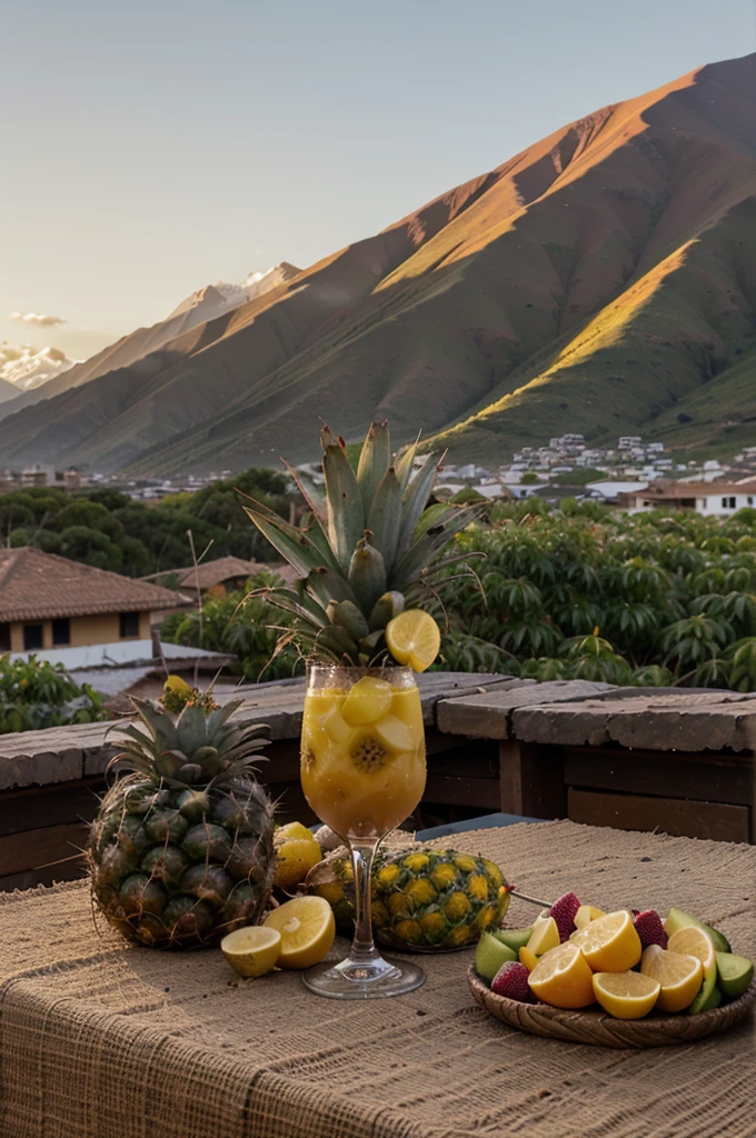 Super Realistic Photography: Andes Mountains at Sunset: A realistic photograph of the Andean mountains during sunset, with golden and warm colors. Traditional Andean Market: A photograph of a market in the Andes, with fruits like pineapple, aguaymanto, prickly pear and lucuma in the foreground. Cocktail Glass: An elegant cocktail glass, placed in a natural Andean environment, with elements like leaves and fruits around. these fruits are mainly pineapple, aguaymanto, prickly pear and lucuma and more quality and much more realistic the Andes

