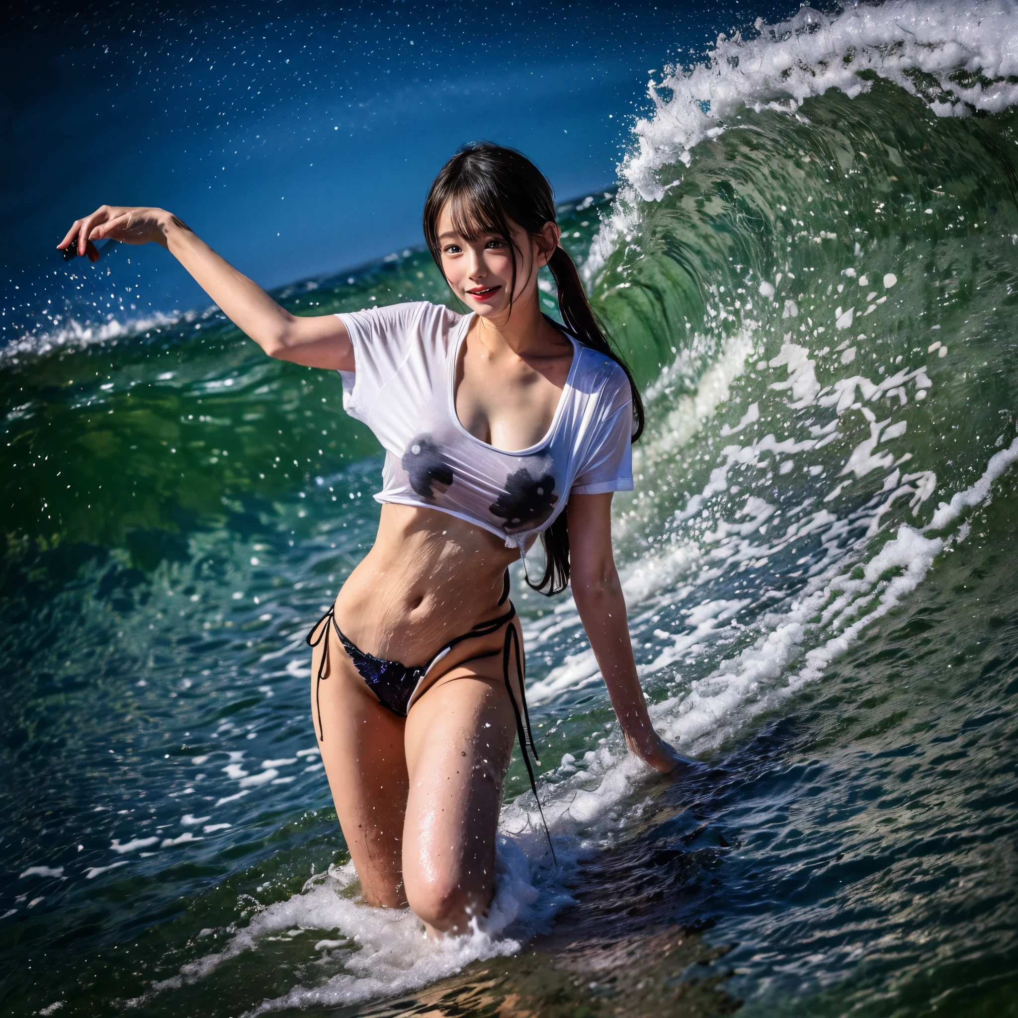 (ZoomedOut:1.28, Wide-shot) ZoomLayer (Epic photo of surfer magazine:1.37). (Full of Water, Everything Wetted:1.4) WetHair (extremely detailed Cute Girl)(SparklingHighlights:1.28), Dynamic Joyful Expressions LifeLike Rendering  . Overflowing Gigantic Sideboob (Clearly Visible Beautiful Breast to Buttocks Line) Tiny and Roundly Butt, Detailed wet clothing texture, (Sloppy Surfboard:-1.2) Riding on waves, Sparkling water, TyndallEffect(Starry Water Particles:1.32), {Wet T-shirt}, Whole Body proportions and all limbs are anatomically accurate