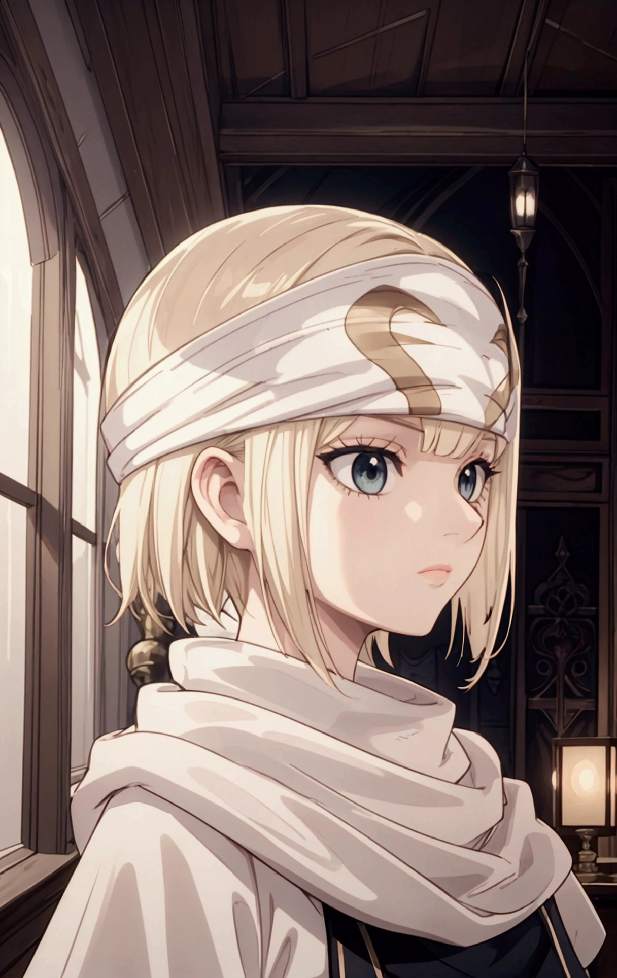 masterpiece), best quality, high resolution blonde 1girl bob cut medium hair standing alone cowl headband profile image looking at viewer beautiful eyes beautiful face extremely detailed