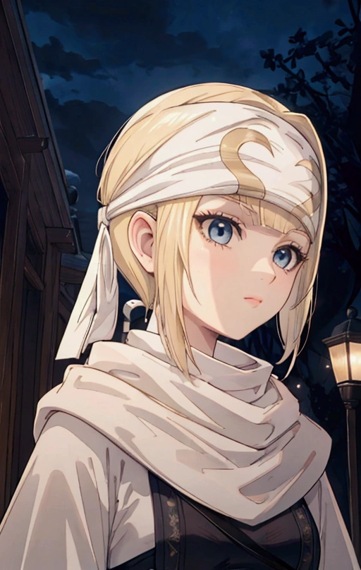masterpiece), best quality, high resolution blonde 1girl bob cut medium hair standing alone cowl headband profile image looking at viewer beautiful eyes beautiful face extremely detailed