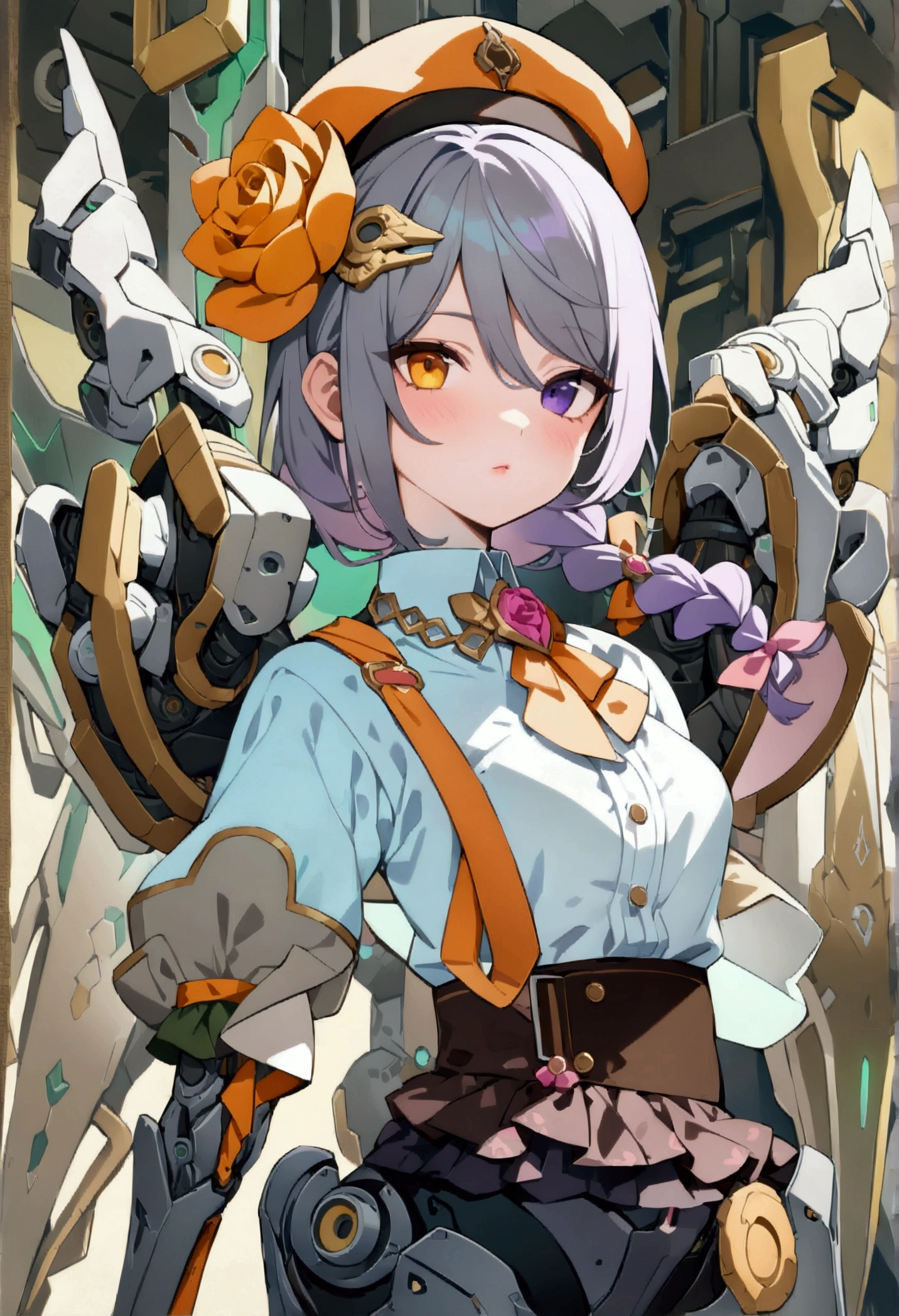 woman 165cm tall, slim build, , charming look, ((heterocromia: look like, derecho naranja y look like izquierdo violeta)), (Shoulder Length Wavy Gray Hair, a short braid on the left side of the hair, big open bangs, golden gear hairpin in hair), (((complex mechanical legs up to the hip, The legs are black with gray parts with small pink details))), (((complex mechanical arms up to the elbows, The arms are black with gray parts with small pink details))), (complex white mechanical angel wings with pastel green parts), (elegant black French beret with an orange rose ribbon), (stylish white short sleeve button down shirt, dark brown shorts from the waist, elegant black belt, small rose brooch on the neck, beautiful mechanical stiletto heels), extremely detailed beautiful hair, beautiful detailed clothing, extremely detailed arms, extremely detailed face, (Extremely detailed hands), perfect hands, small face, hermosos look likes detallados, beautiful detailed lips, adorable, extremely detailed legs, (Best Quality, 8k, ultra resolution), ultra detailed, Exquisite and epic character art, ((Pastel yellow background)), (Focus on symmetry), (extremely detailed wings), (((Detailed full body concept art))), (((character design sheet: Front view)))