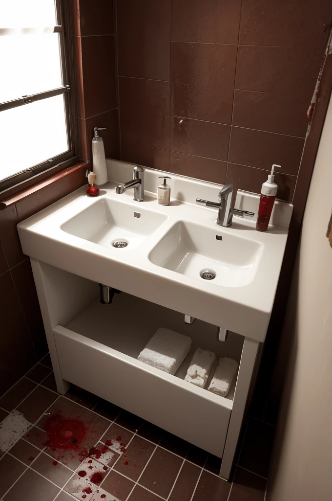 photo of a sink in a dirty bathroom with some blood next to the drain, and also among the blood is a human tooth, the force was taken by an old tecpix camera using the flash