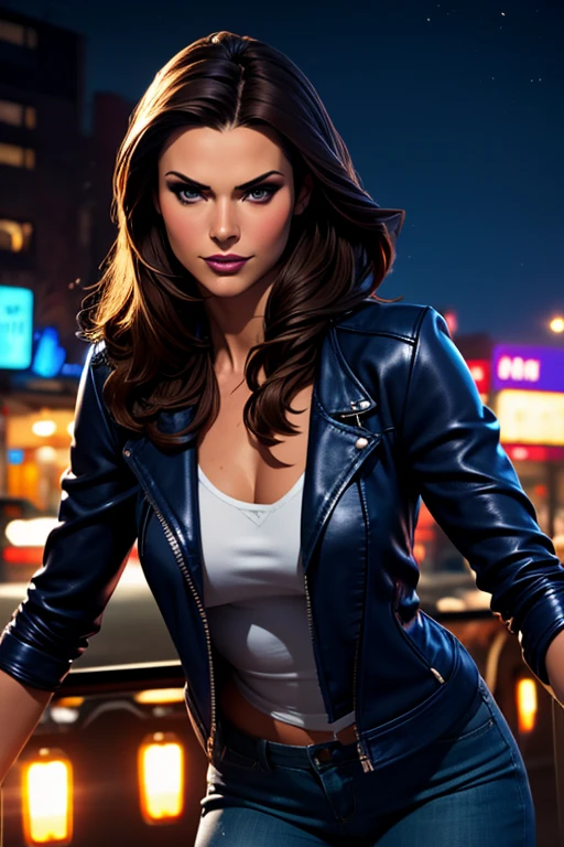 Best quality, realistic, from the front in first person, Nina Dobrev on the street of Los Angeles, (a female mexican Supermodel), (sexy blue leather jacket:1.1), split, seductive smile, (dark hair), (hairstyle:1.0), Perfect eyes, sharp parts, detailed face, face-makeup, cheeks turn red, Eyeliner, eyeshadow, Lip gloss, Supermodel, (deep focus), (hard lighting), (Night time), (realistic lighting:1.0)