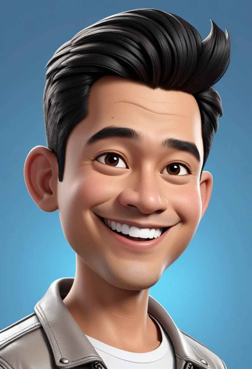 Create a 3D animation of a cartoon caricature with a big head. a 20 year old Indonesian man. He has short black hair parted on the right side. His face is oval with smooth lines, thick and neat black eyebrows, normal eyes, a big nose, and thin lips with a wide, friendly smile. He wore a light gray leather jacket over a white t-shirt. Gradient blue background with professional lighting. masterpiece, top quality, highly detailed skin and face, ultra-realistic, high definition, studio lighting, sharp focus, 2/3 body angle, Concept Art, 3D rendering.