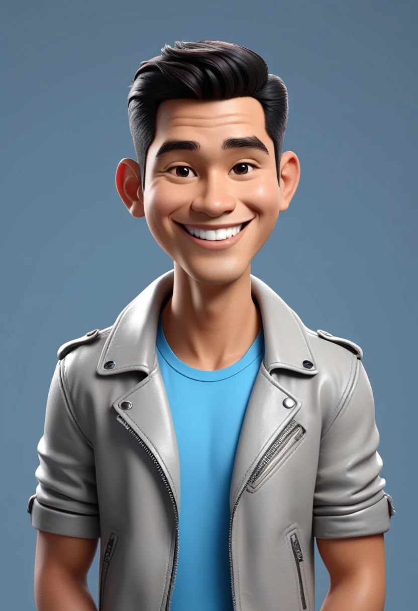 Create a 3D animation of a cartoon caricature with a big head. a 20 year old Indonesian man. He has short black hair parted on the right side. His face is oval with smooth lines, thick and neat black eyebrows, normal eyes, a big nose, and thin lips with a wide, friendly smile. He wore a light gray leather jacket over a white t-shirt. Gradient blue background with professional lighting. masterpiece, top quality, highly detailed skin and face, ultra-realistic, high definition, studio lighting, sharp focus, 2/3 body angle, Concept Art, 3D rendering.