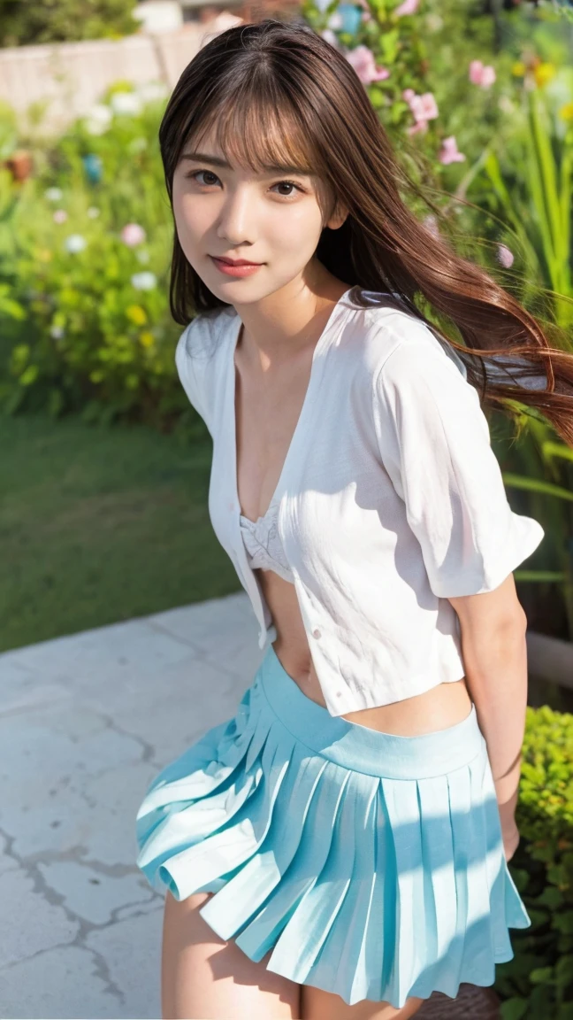 Bottom-to-top drawing:1.53,One Girl、Beautiful and detailed eyes and face、barefoot、 Japanese girl, ((Extremely precise and accurate anatomy:1.0)), (photo Realistic:1.4), (hyper Realistic:1.4), (最高品質のRealisticな肌の質感:1.4), (Improvement of quality:1.4), (Enhances the beauty of skin texture:1.1), Clean and glowing skin, mesh, thin:1.2, (Realistic:1.3), Realisticなライティング, (Smoother lighting:1.05), (Improving the quality of cinema lighting:0.9), Backlight, A gentle light on your face, Ray Tracing, (Bright light:1.2), 32K, One Japanese woman, fine grain, Detailed face, (Film Grain:1.1),(Accentuates body lines:1.1), High resolution, Natural look, Kind eyes, Improves hair quality, Delicate light and shadow, Transparent muscles, Graceful pose, Beautiful Eyes, Sharp details, Soft light reflection, Beautiful contours, Delicate skin tone, Fine hair texture, Natural background, (((sunny day、School zone、A strong wind is blowing、Her hair and skirt are flying、 Open shirt、Pleated skirt、stroll:1.25、Light of the sun、Clear skies、stage、Blue sky and white clouds、The joys of youth)))、