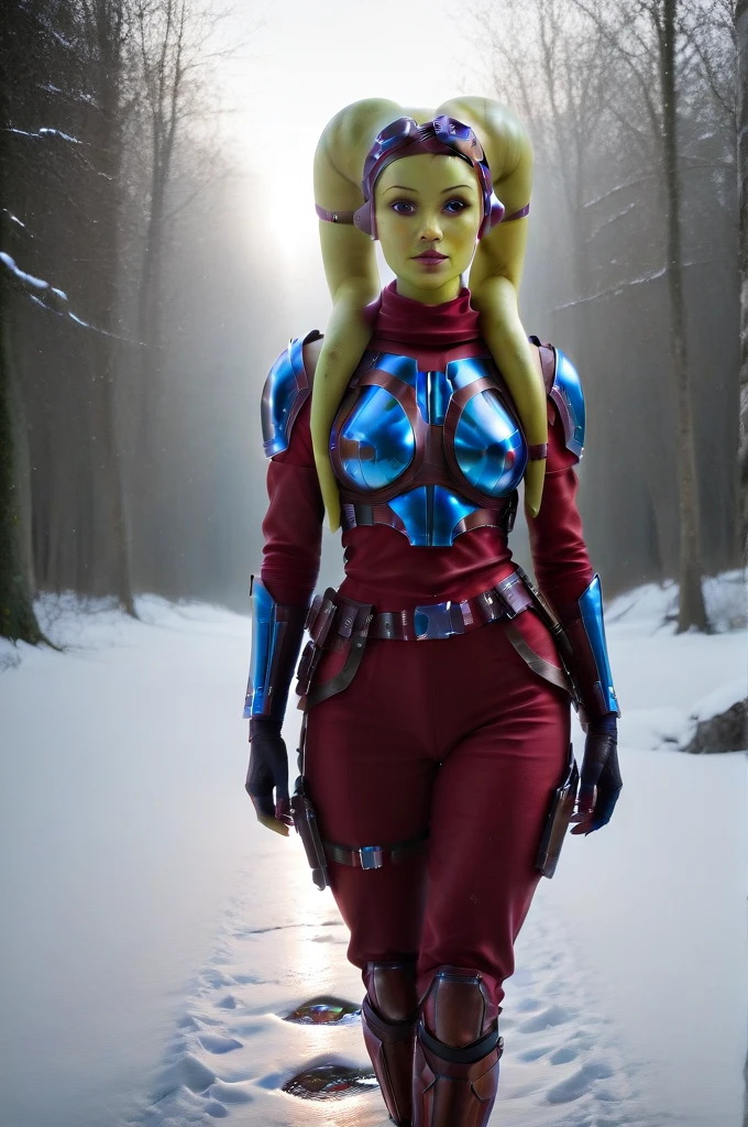 a ((fall body)) (((hera syndulla))) ((green skin ))
 ((female twi'lek ))mandalorian,walking on snow, green firein hand , beautiful detailed eyes, beautiful detailed lips, extremely detailed face, long eyelashes, mandalorian armor, sci-fi, cinematic lighting, dramatic, epic, intricate details, hyper-realistic, 8k, high-quality, photorealistic
