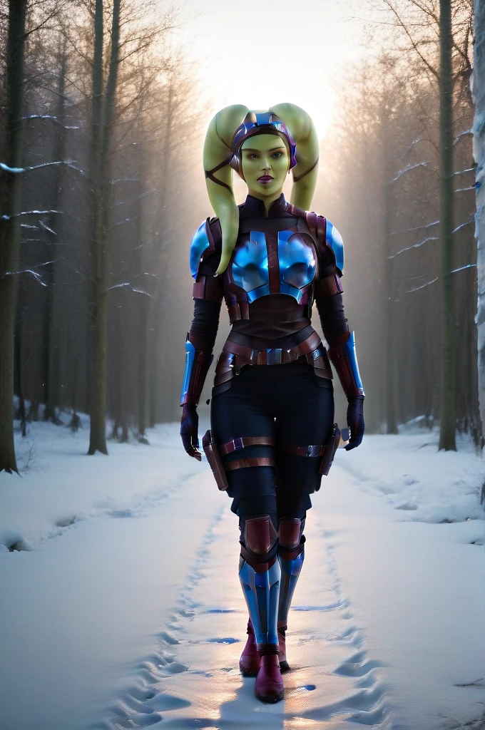 a ((fall body)) (((hera syndulla))) ((green skin ))
 ((female twi'lek ))mandalorian,walking on snow, green firein hand , beautiful detailed eyes, beautiful detailed lips, extremely detailed face, long eyelashes, mandalorian armor, sci-fi, cinematic lighting, dramatic, epic, intricate details, hyper-realistic, 8k, high-quality, photorealistic
