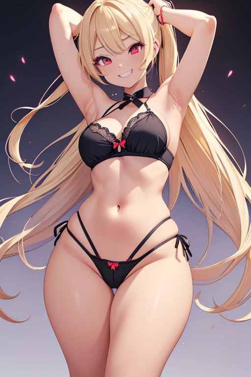 Realistic、masterpiece, 1house wife、blonde hair、twin tail, red eyes, (eye focus:1.3,face focus),(Gradient eyes:1.3),(sexy panties)、open mouth,(grin:1.3),forehead,cute face、((Thick thighs、Beautiful thighs)), A condescending gaze on the viewer,((Raise your arms, Expose your armpits))