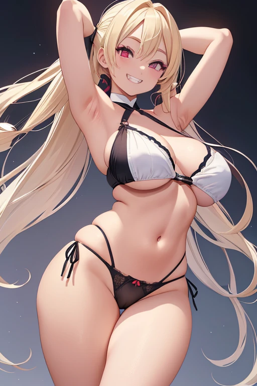 Realistic、masterpiece, 1house wife、blonde hair、twin tail, red eyes, (eye focus:1.3,face focus),(Gradient eyes:1.3),(sexy panties)、open mouth,(grin:1.3),forehead,cute face、((Thick thighs、Beautiful thighs)), A condescending gaze on the viewer,((Raise your arms, Expose your armpits))