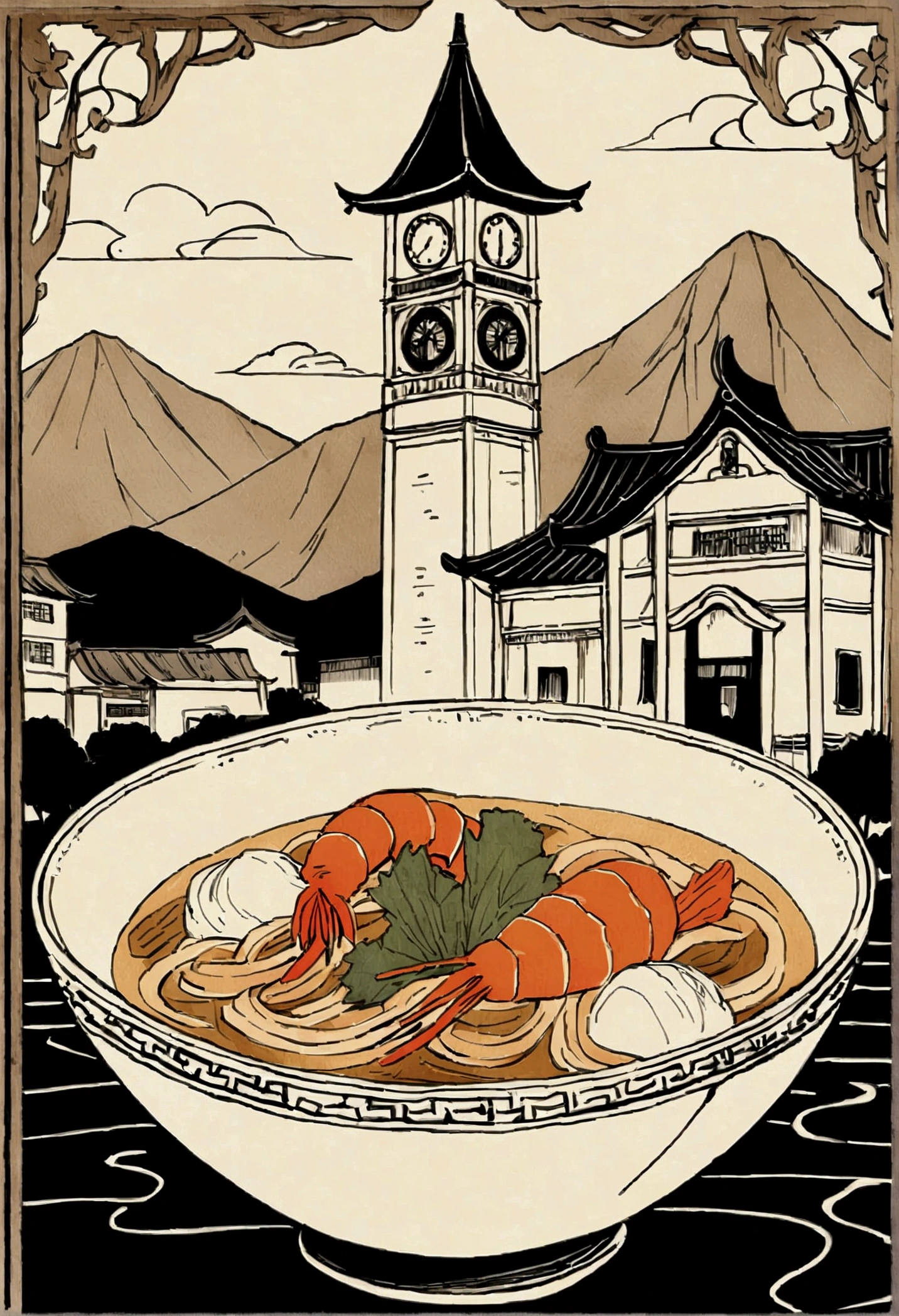 Create a vintage-style illustration featuring a bowl of shrimp noodle soup in the foreground, with an ornate border design. In the background, depict a picturesque scene with a prominent clock tower, traditional Chinese buildings, old building restaurant, and mountainous terrain. Use a sepia-toned color palette to give the illustration an antique feel.