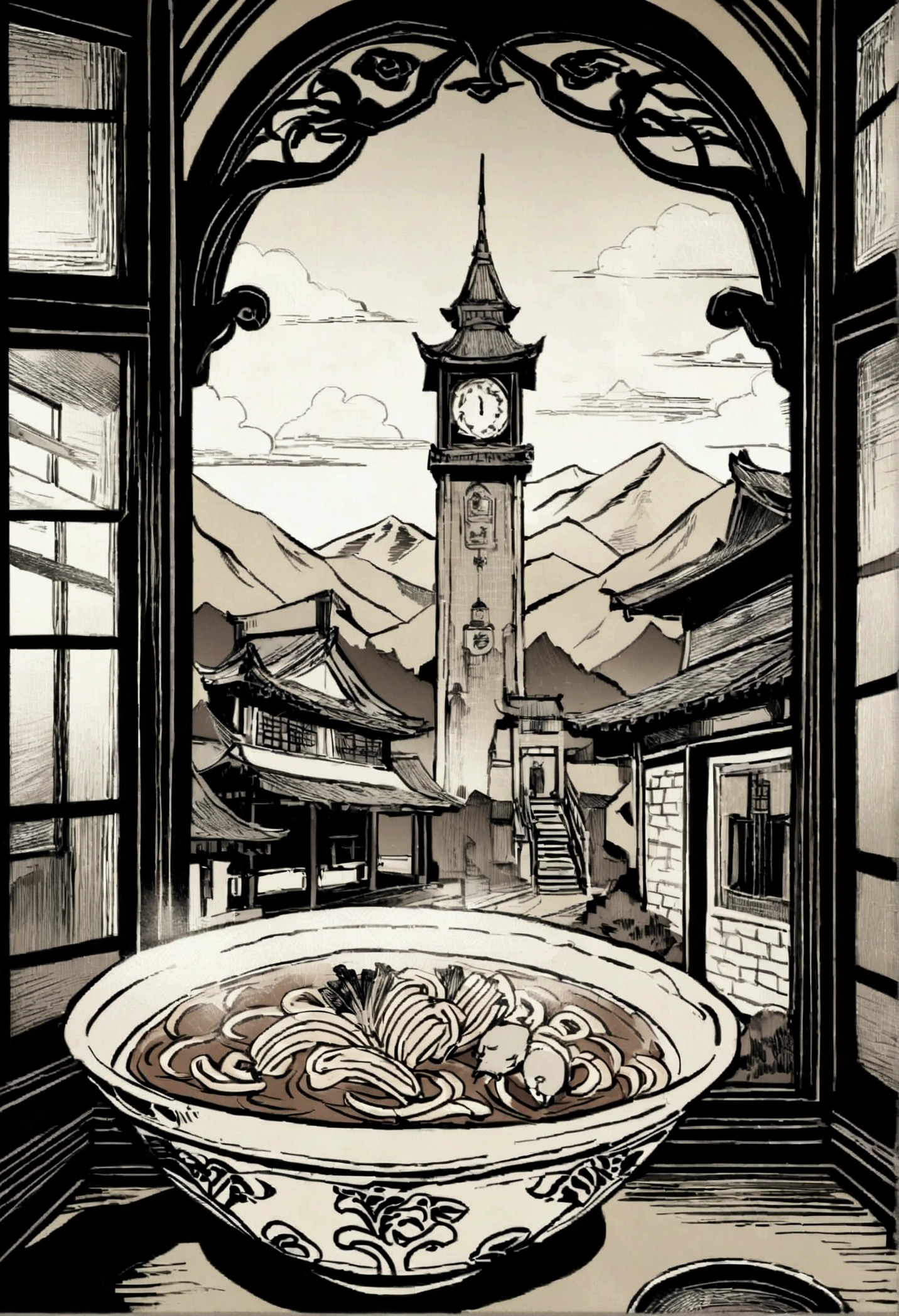Create a vintage-style illustration featuring a bowl of shrimp noodle soup in the foreground, with an ornate border design. In the background, depict a picturesque scene with a prominent clock tower, traditional Chinese buildings, old building restaurant, and mountainous terrain. Use a sepia-toned color palette to give the illustration an antique feel.