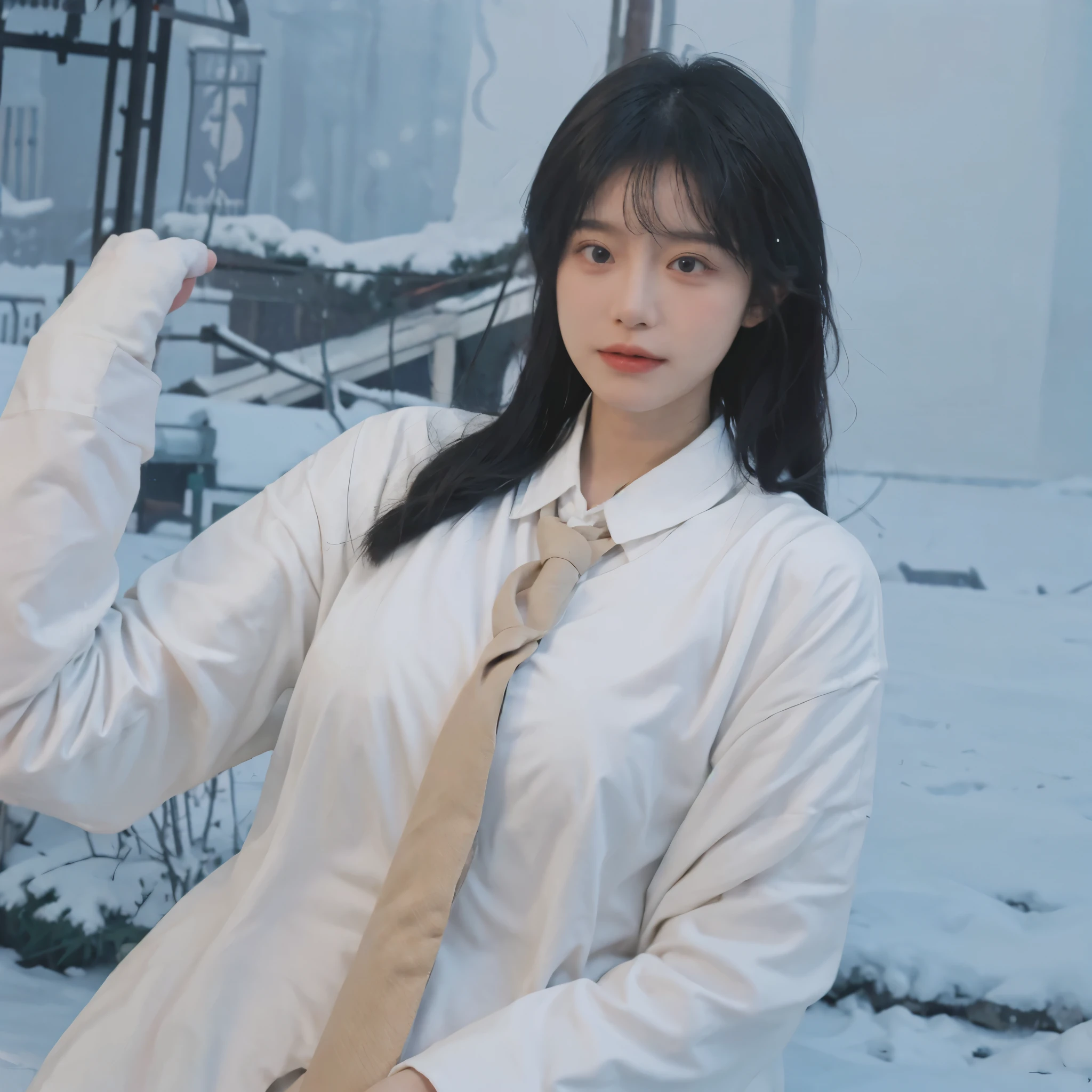 Best quality,masterpiece,Double tail,Ultra-high resolution,snow,16K,Snow background,(Photo Realism:1.4),1 Girl,JK,sexly,(shirt and tie:1.2),(Big breasts:2.3),(Upper body:1.4)