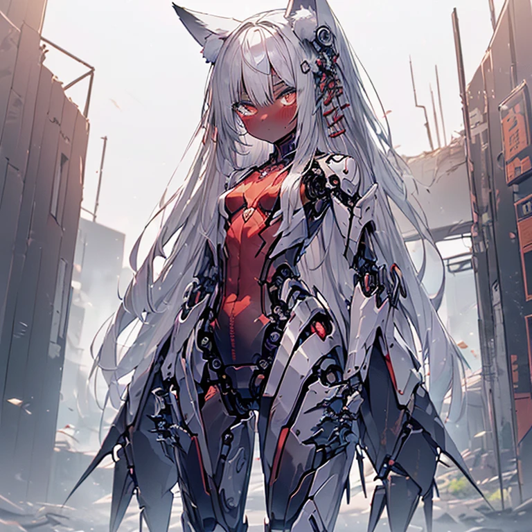 (Fox Girl, Fox Ears, Silver Hair, Fox Makeup, One Girl, Long Hair, Alone on the screen, dark skin, High definition, high resolution:1.6), (mecha musume, Machinery Parts,Robot Joints, White and red clothes, face以outside全身機械スーツ:1.8), (Body measurements are 75-60-75!, Young girl body, Small breasts, Proudly, Standing posture, slender, muscle:1.9), Avatar, face, 色っぽいface, Dominant representation, naughty face, Uplifting, Skin Texture, outside, ruins, Ruined City, Broken Building, There are no people