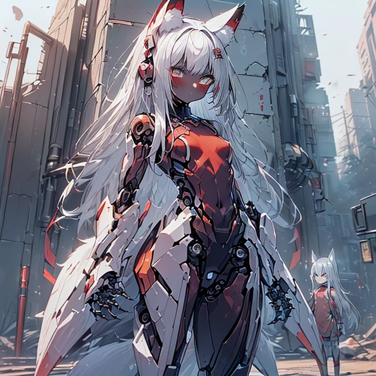 (Fox Girl, Fox Ears, Silver Hair, Fox Makeup, One Girl, Long Hair, Alone on the screen, dark skin, High definition, high resolution:1.6), (mecha musume, Machinery Parts,Robot Joints, White and red clothes, face以outside全身機械スーツ:1.8), (Body measurements are 75-60-75!, Young girl body, Small breasts, Proudly, Standing posture, slender, muscle:1.9), Avatar, face, 色っぽいface, Dominant representation, naughty face, Uplifting, Skin Texture, outside, ruins, Ruined City, Broken Building, There are no people