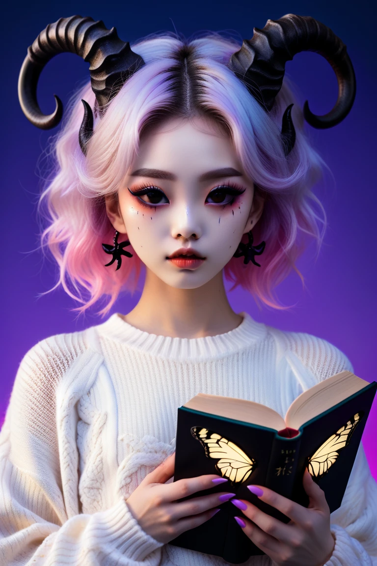 (Highest quality, sketch:1.2),Realistic,Illustrator,anime,1 Girl, Detailed lips,sweater,custom,Pink gradient background,Neon Hair,Texture Cropping,masterpiece, Style: Retro Classic, Dark Black、Braid、Under the Moon、black and purple hair、Beautiful Book、Blue butterfly hair ornament、Upstyle Hair、Hair is a night ,Scary demon、Black eyes、Horns growing、Japanese demon