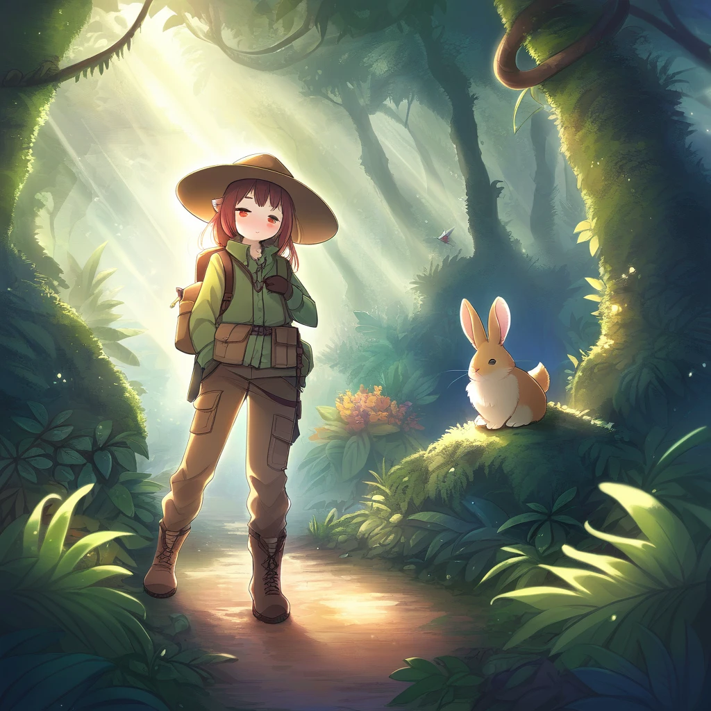 ((Masterpiece)), ((Best Quality)), (Very Detailed), ((Very Detailed)), 4K, (8K), very aesthetic, absurdres highres, 1 girl, (anthropomorphic Rabbit, furry, kemono:1.5), Adventurer, a jungle illuminated by the sunrise. A quiet and peaceful atmosphere, with giant rainforest trees and colorful birds flying between the vine-covered trees. jungle, tropical rainforest, lush trees, untouched, adventurer, detailed attire, khaki long-sleeve shirt, multi-pocket vest, cargo pants, trekking boots, gaiters, wide-brim hat, khaki backpack, gloves, morning light, colorful birds, sunlight reflection, peaceful, mysterious, exploration,