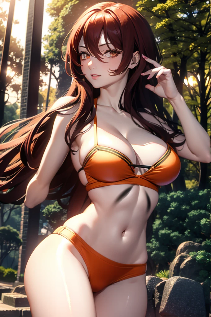 A beautiful anime style woman with perfect body, slim waist AND FIRM BREASTS, RED hair, wearing a bikini, highly detailed, masterpiece, 8K, photorealistic, elegant, dynamic pose, intricate details, vibrant colors, dramatic lighting, ORANGE TREES IN background + MOMO