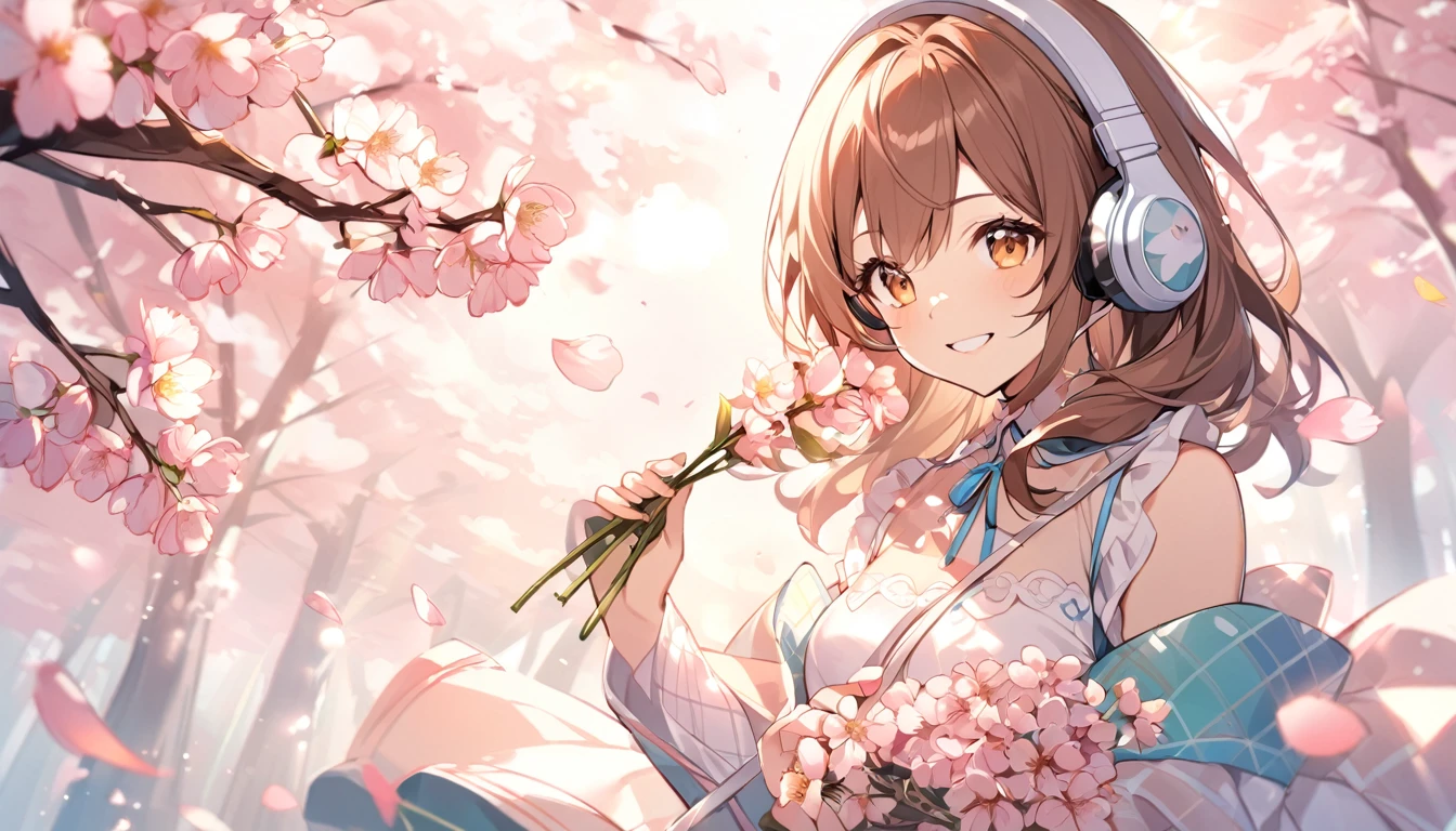 Girl wearing headphones。Brown Hair,1 person。bright。Under the cherry tree、Smiling girl wearing headphones and holding flower petals。