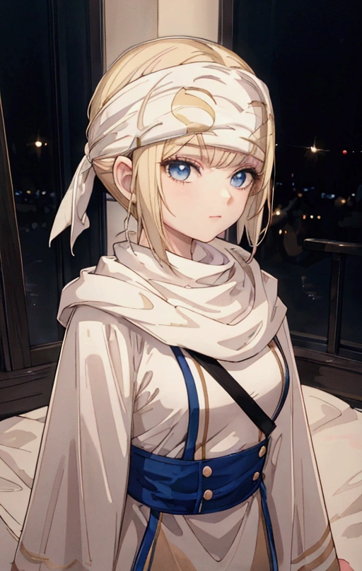 masterpiece), best quality, high resolution blonde 1girl bob cut medium hair standing alone cowl headband profile image looking at viewer beautiful eyes beautiful face extremely detailed
