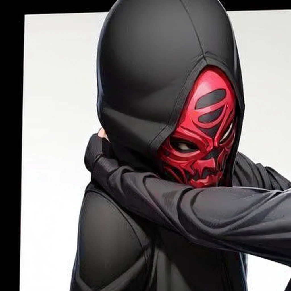 mascarado,red mask,Black hood and black clothes, black gloves,