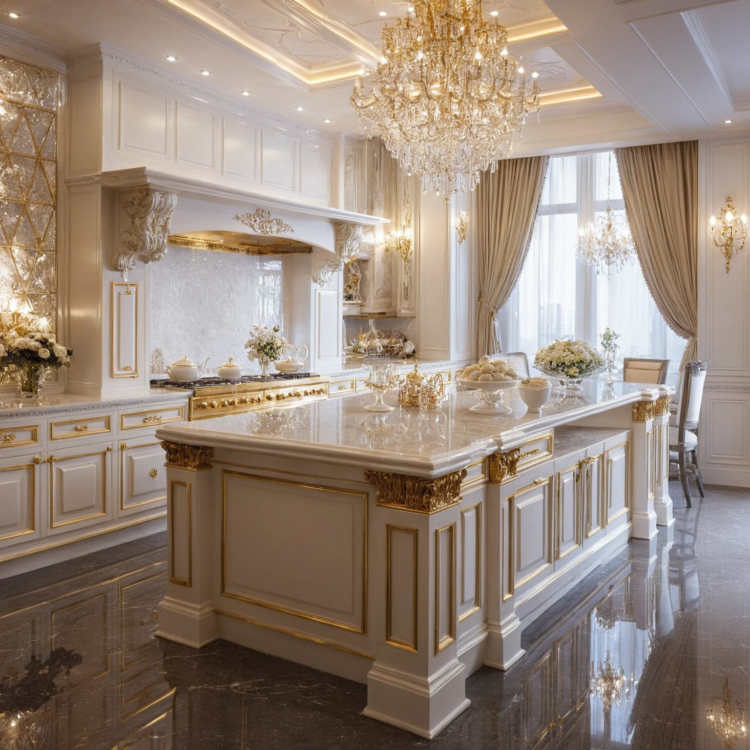 Masterpiece, Best quality,8K, Ultra-high resolution,When you step into the Kitchen and dinning room,Immediately surrounded by a rich atmosphere of luxury。Ornate crystal chandeliers hang high on the wall,Shine brightly。Kitchen island  was covered with a soft white fluffy blanket,It is so comfortable,So much so that you can't help but indulge in it。Embellished with precious porcelain and white-off gold ornaments。Whenever it is late afternoon,The afterglow from the window spilled on the floor,Soft light and shadow are reflected,It was as if entering a dreamland。
