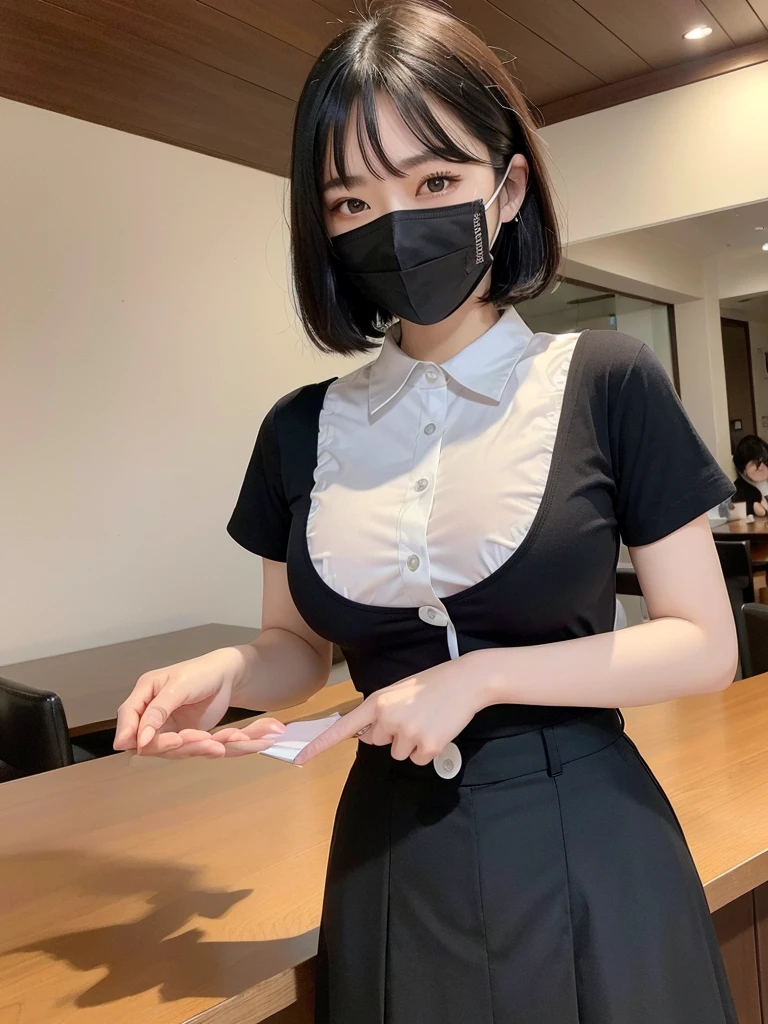 Highest quality、masterpiece、8k、Very detailed、Realistic、Looking at me with a smile、whole body、Black Hair、Short Hair、Small face、Slender、(Very large breasts:1.2)、Thin and beautiful legs、narrow and constricted waist,、(Family Restaurant Uniforms:1.2)、A tight, see-through, sleeveless white shirt with buttons and a collar、A short, black, high-waisted skirt、(Nobody background:1.2)、mask、Erect nipples