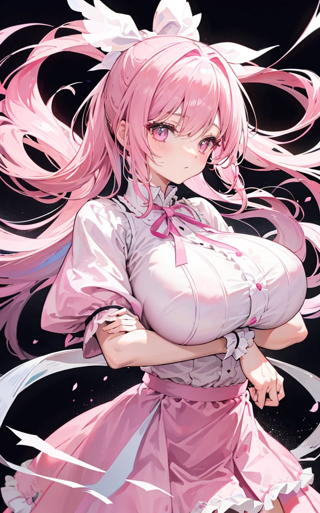 1 22 year old girl, Pink Hair, Long double ponytail, Pink Shirt, Fluffy collar, White fluffy skirt, White ribbon in hair, Plenty of hair accessories, ta,(gigantic sagging breasts),focus breasts