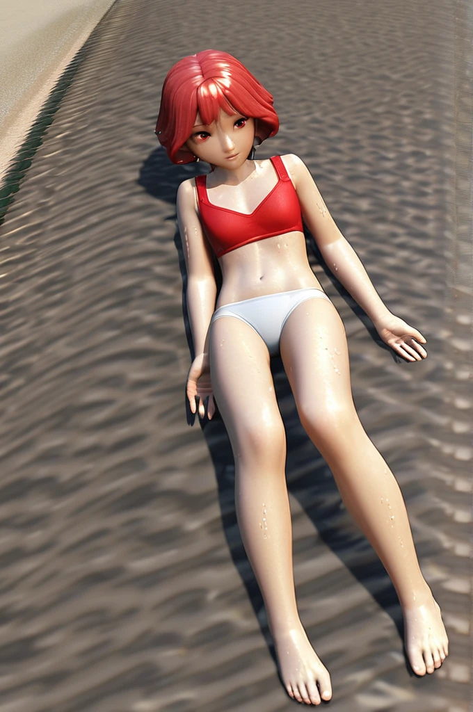 ((Лучшее качество)), ((шедевр)), (подробный), 3d, , girl, small, short, red hair, in panties, in a bra, on the beach, with a lustful face, happy face, face in sweat, body in sweat, legs in sweat, flowed, wet panties.